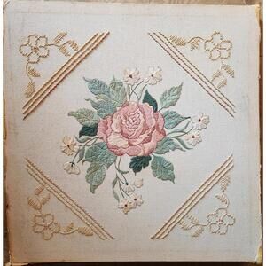 Vintage Crewel Needlepoint Cross Stitch Floral Rose MCM Cottagecore 18x18"